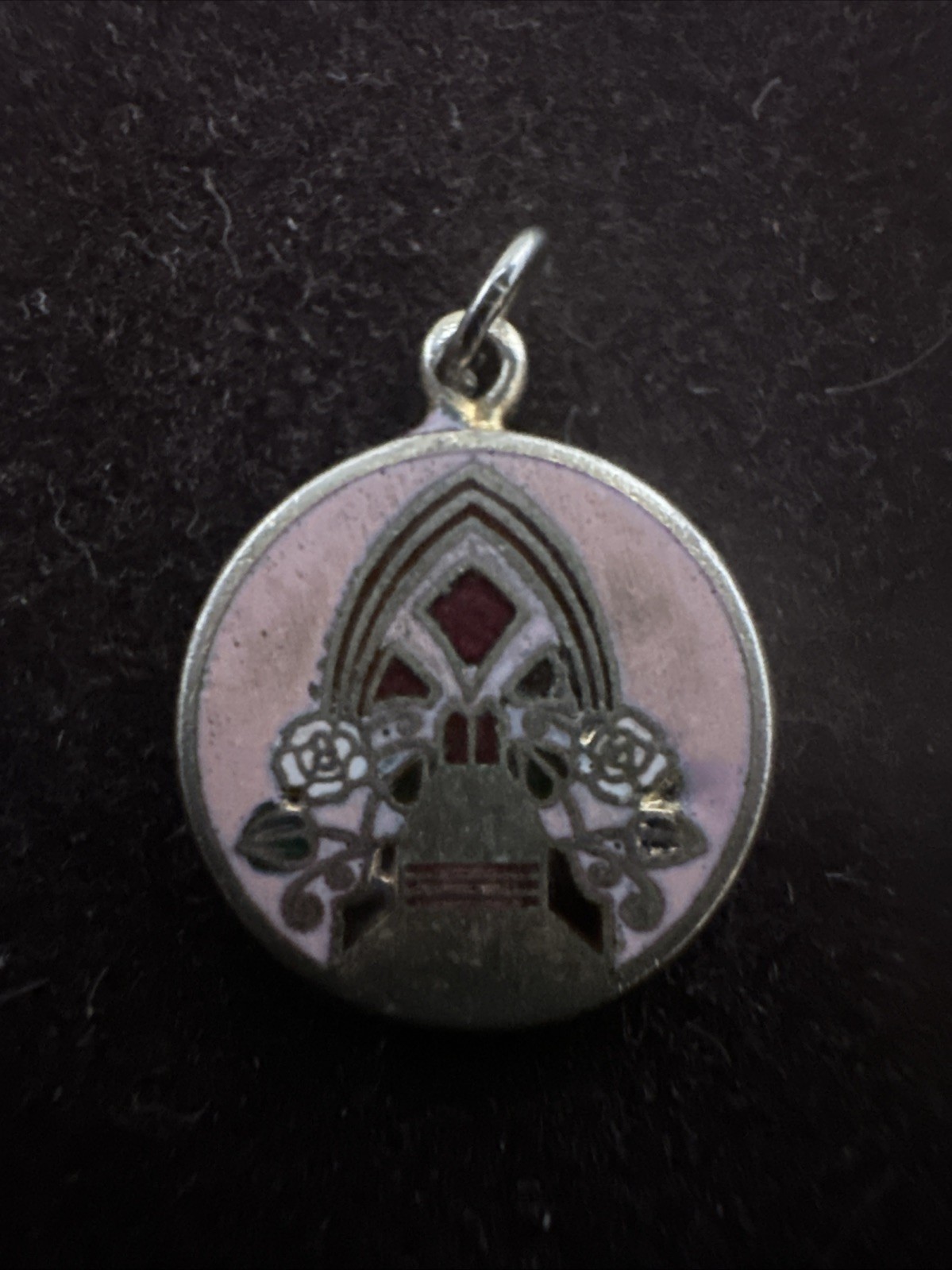 Vintage Pink Enamel Gothic Cathedral Window Rose Design Pendant Religious Charm
