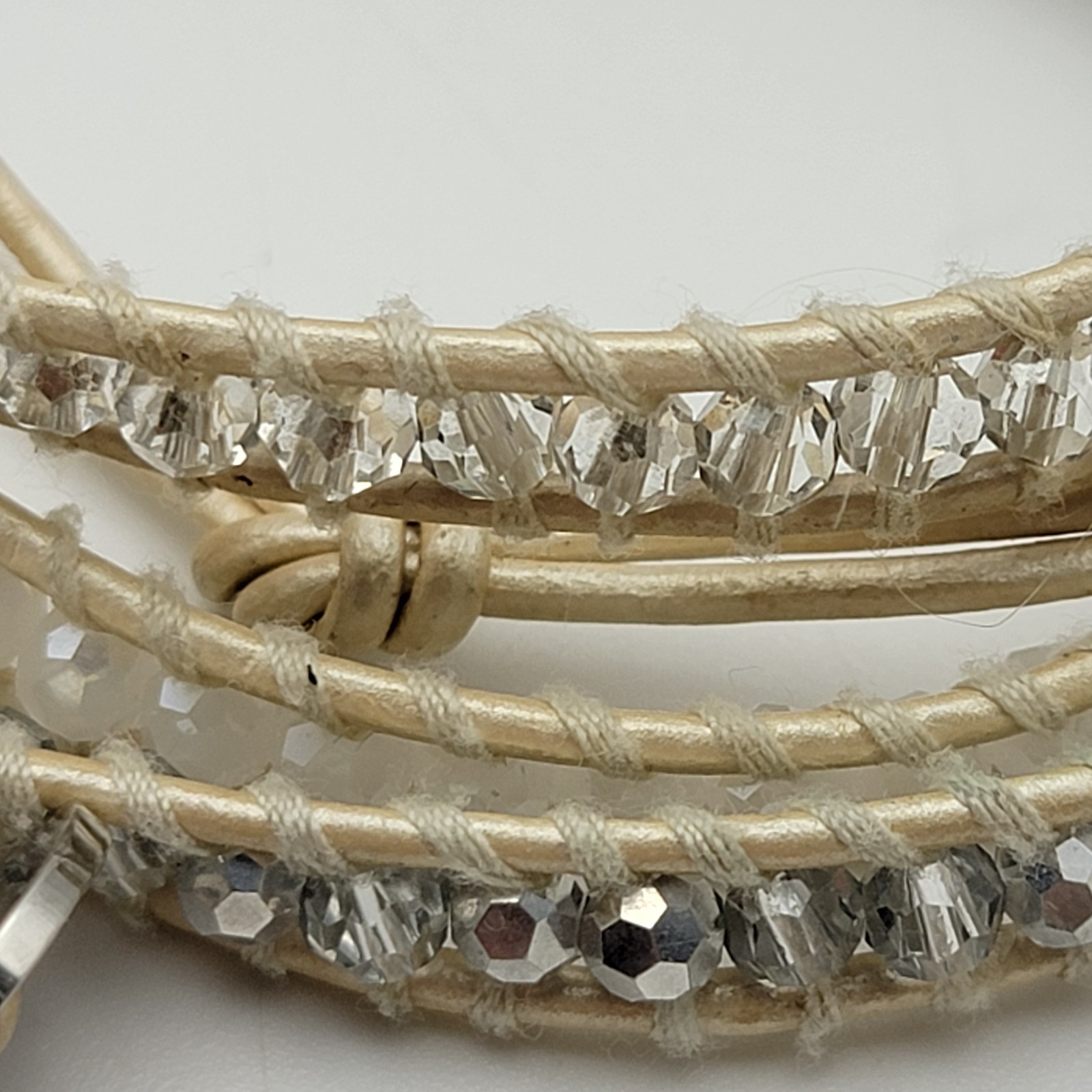 Victoria Emerson White Crystal Wrap Bracelet, Beige Leather Cord, 34″ Toggle