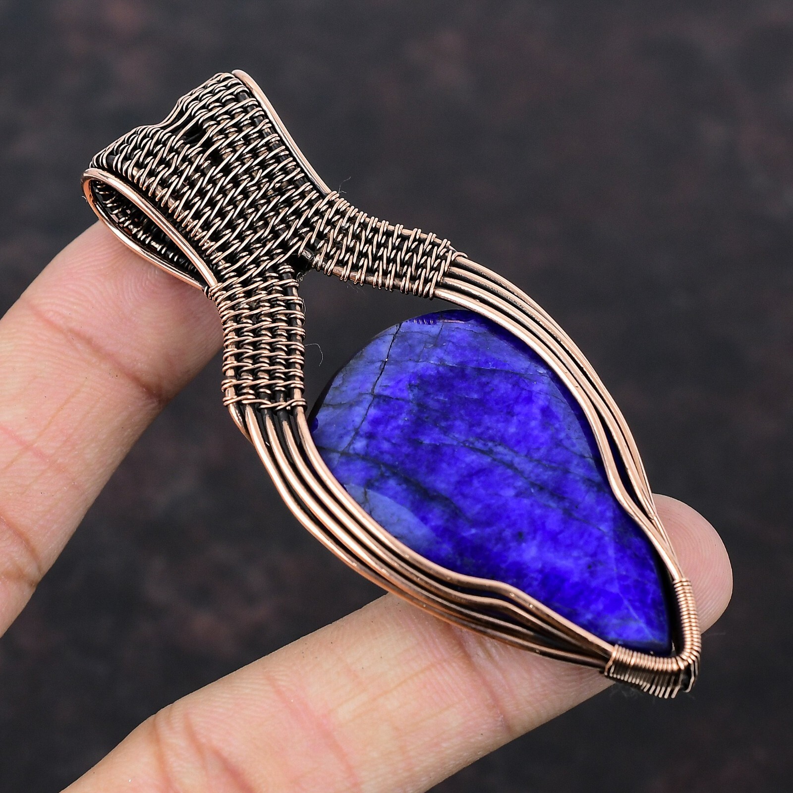 Gift For Her Copper Blue Saphire Gemstone Jewelry Wire Wrapped Pendant 3.27″