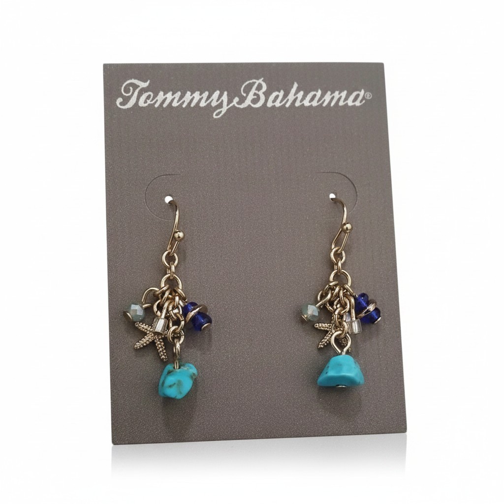 TOMMY BAHAMA Gold Plated Turquoise Charm Dangle Hook Earrings NWT