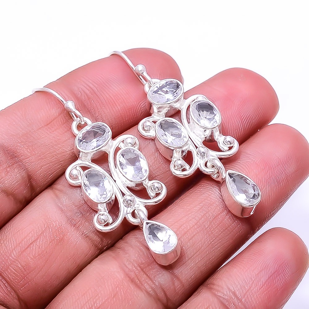 White Topaz Multi Collet 925 Sterling Silver Earring 1.95″ E80253387, Christmas