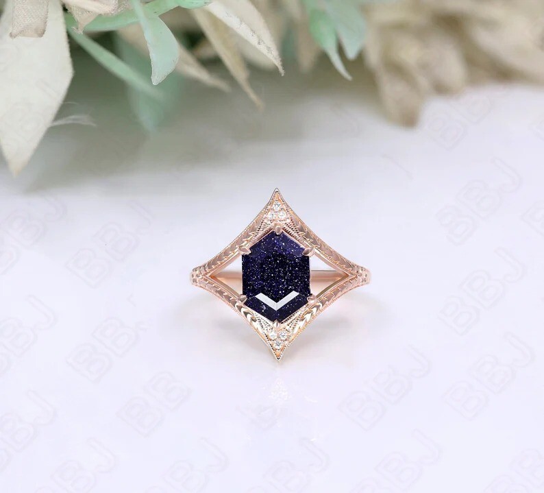 Hexagon Sandstone Engagement Ring Wedding Ring For Womens Anniversary Gift