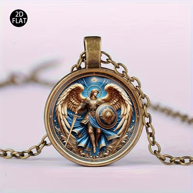 Archangel Michael Round Pendant Necklace with a Gift Box