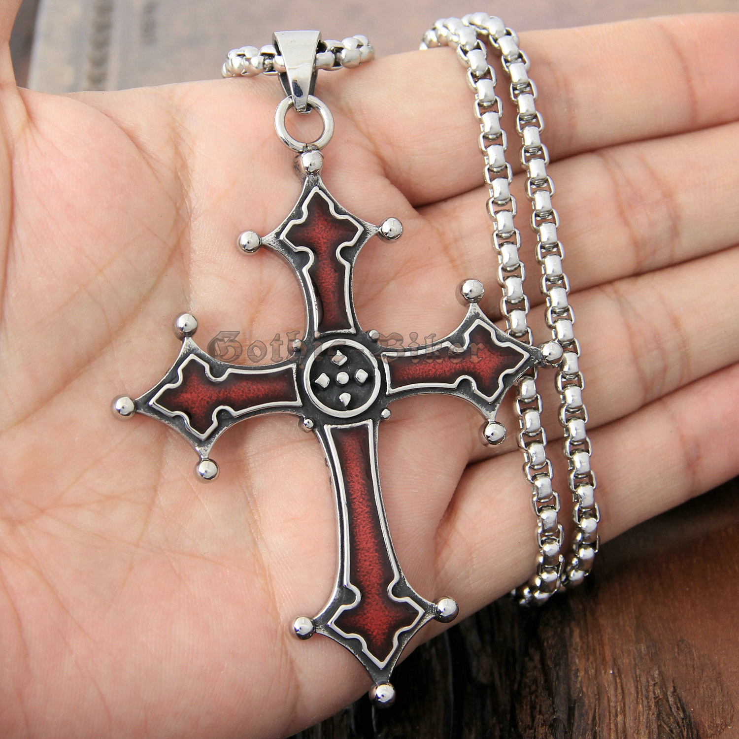Men’s Gothic Bloody Red Enamel Solid 316L Stainless Steel Cross Necklace Pendant