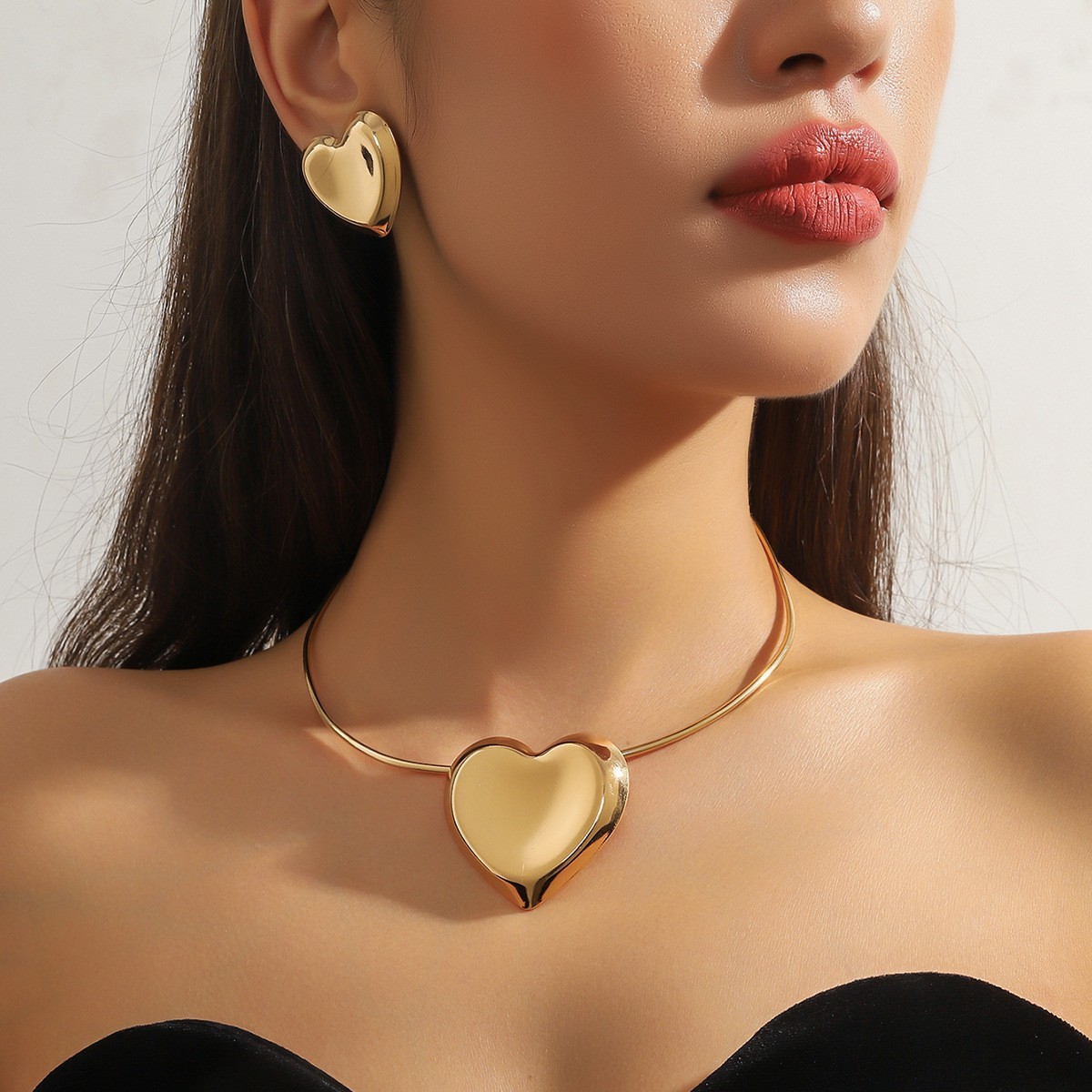 Big Bold Gold Statement Necklace Earrings Set Fashion Chunky Art Design Jewelry