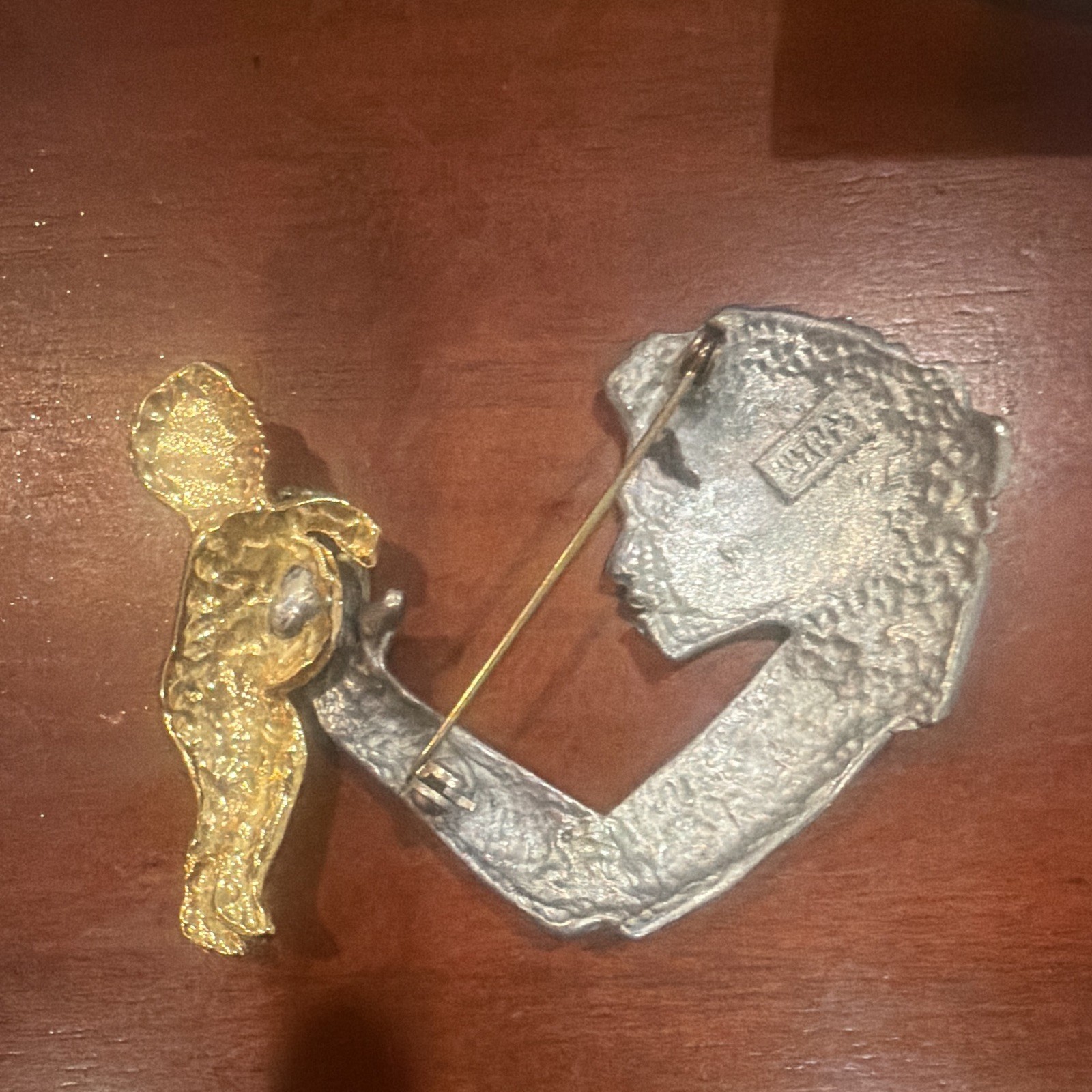 JJ Signed Two-Tone Silver Gold Mother & Child Figural Brooch Pin