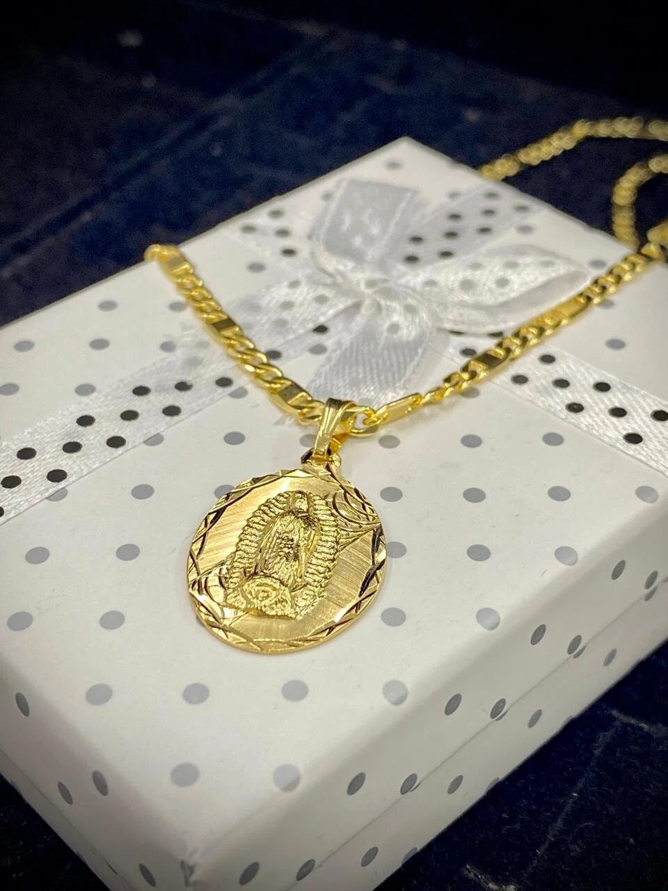 Virgen de Guadalupe Pendant 14K Necklace GF Curb Link Chain Jewelry For Womens