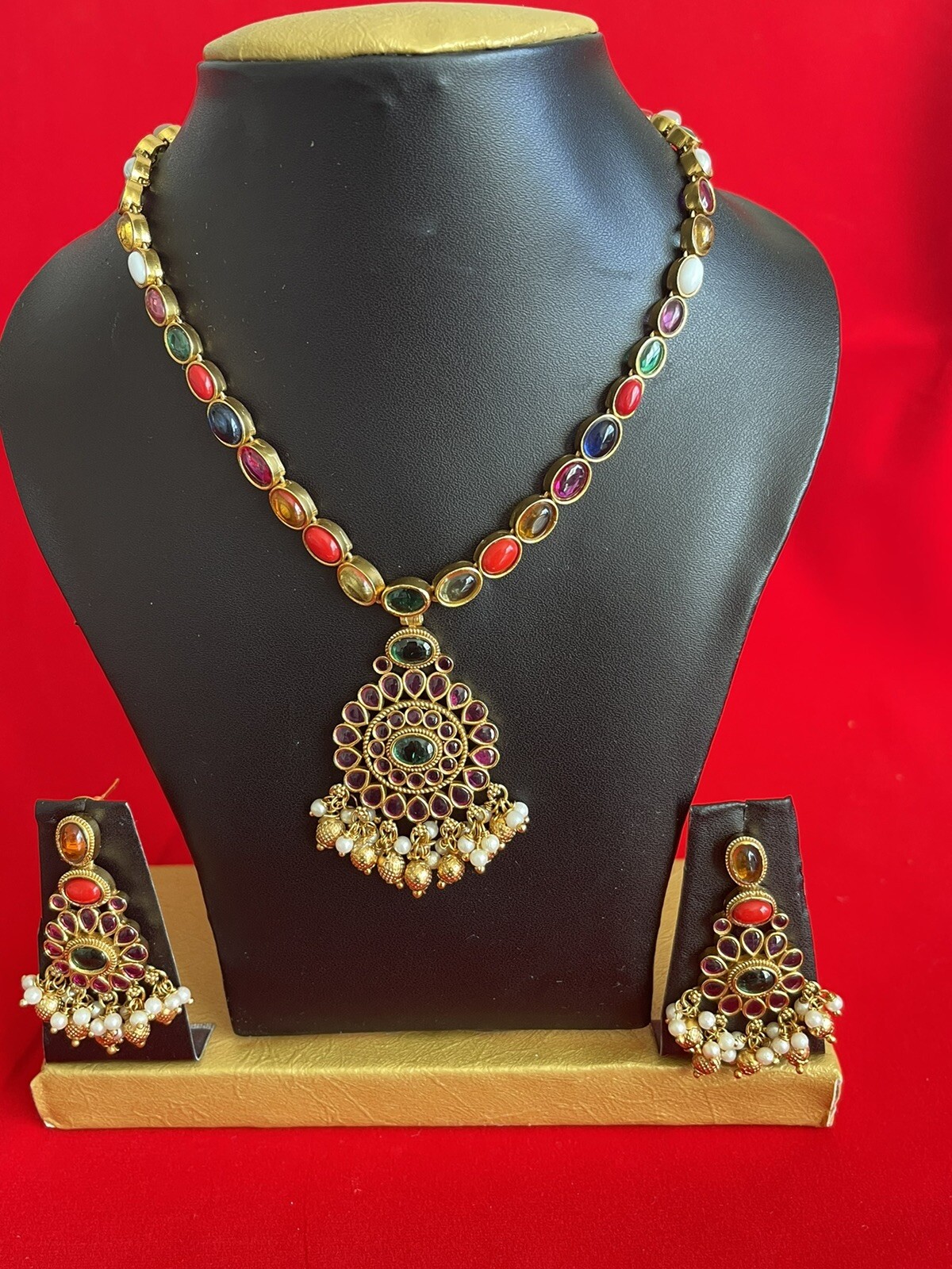 Navratan Indian Kundan Fashion Jewelry Gold Necklace Earrings Set