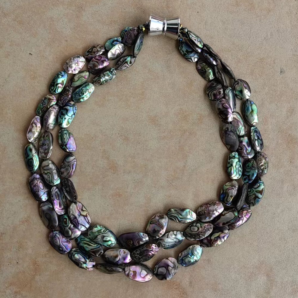 3 Rows Big Jewelry Natural Paua Abalone Shell Beads Necklace Multi Strands