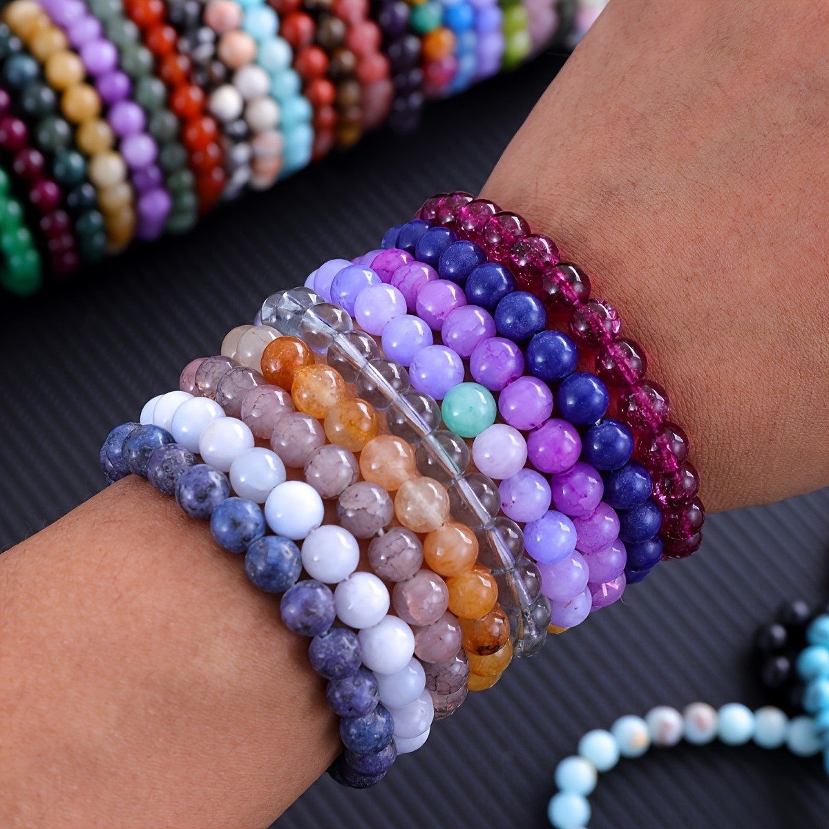 17Pcs Stone & Glass Bead Bracelet Bulk Elastic Set for Men Women Daily Wear Gift