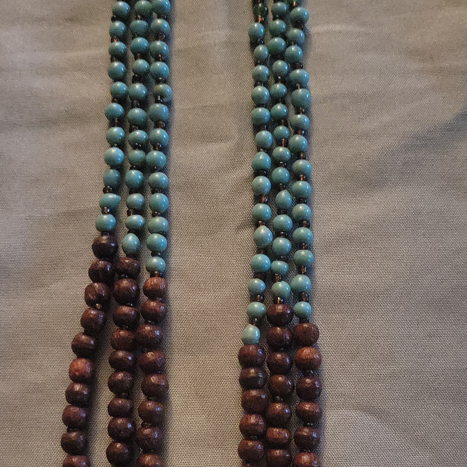 Multi-Strand Blue & Brown Wood Beaded Necklace, Lobster Clasp