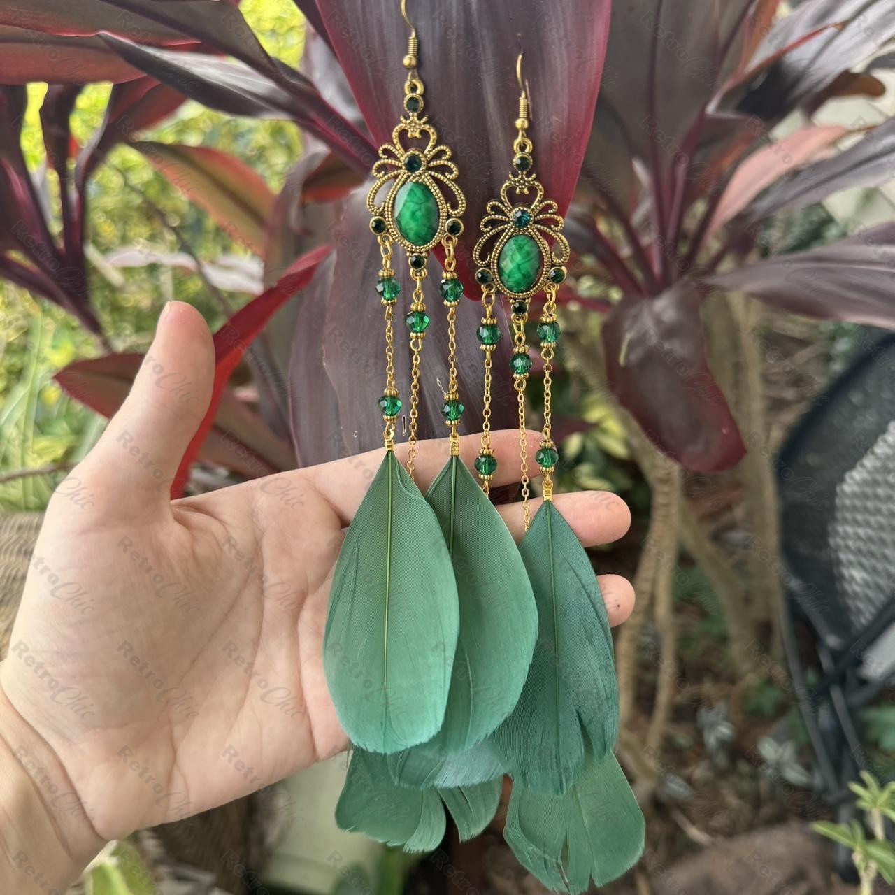 20cm very long OVERSIZE EARRINGS feathers hoop feather GREEN/VTG GOLD statement