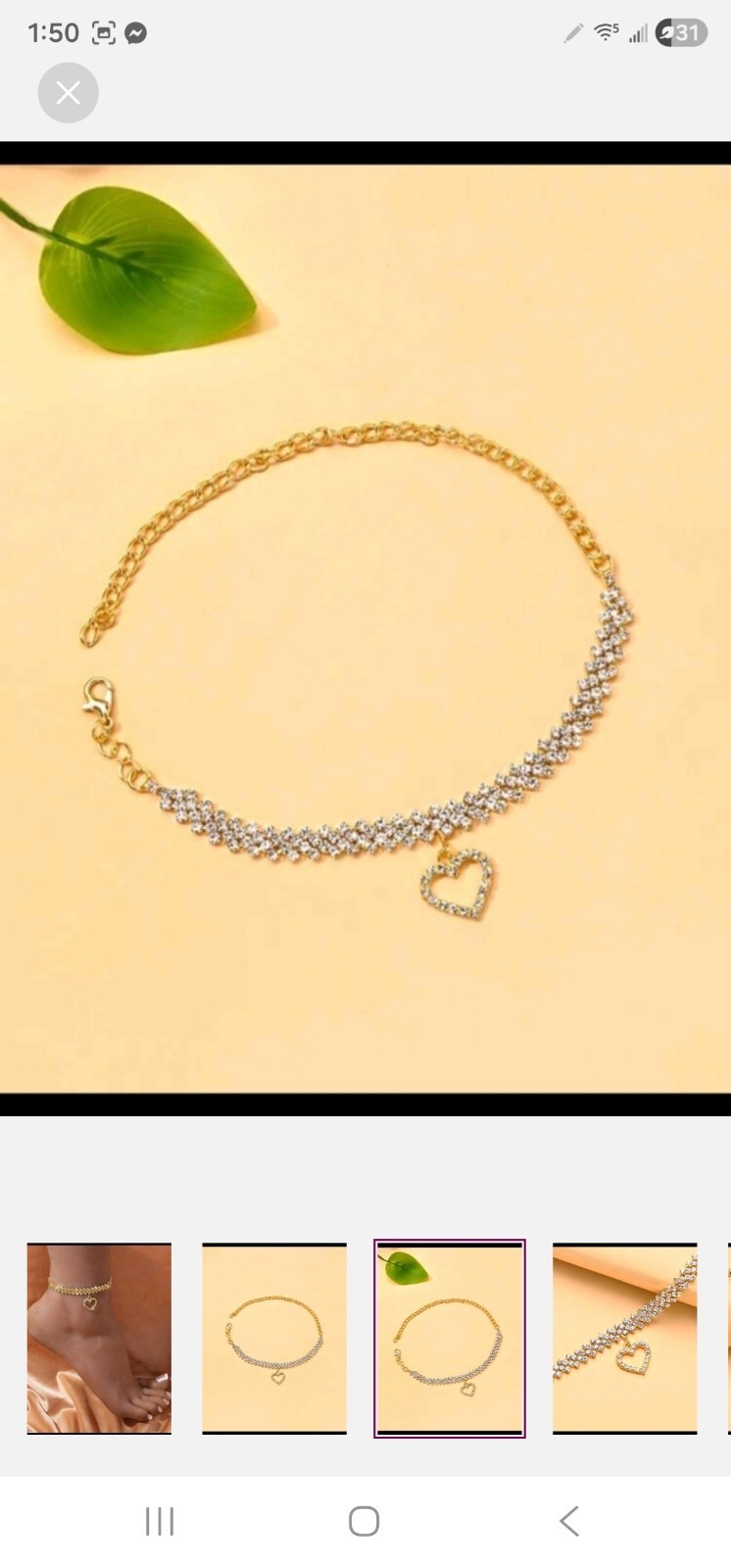 Gold Tone Clear Round Crystal Cable Chain Anklet Heart Charm Lobster Closure