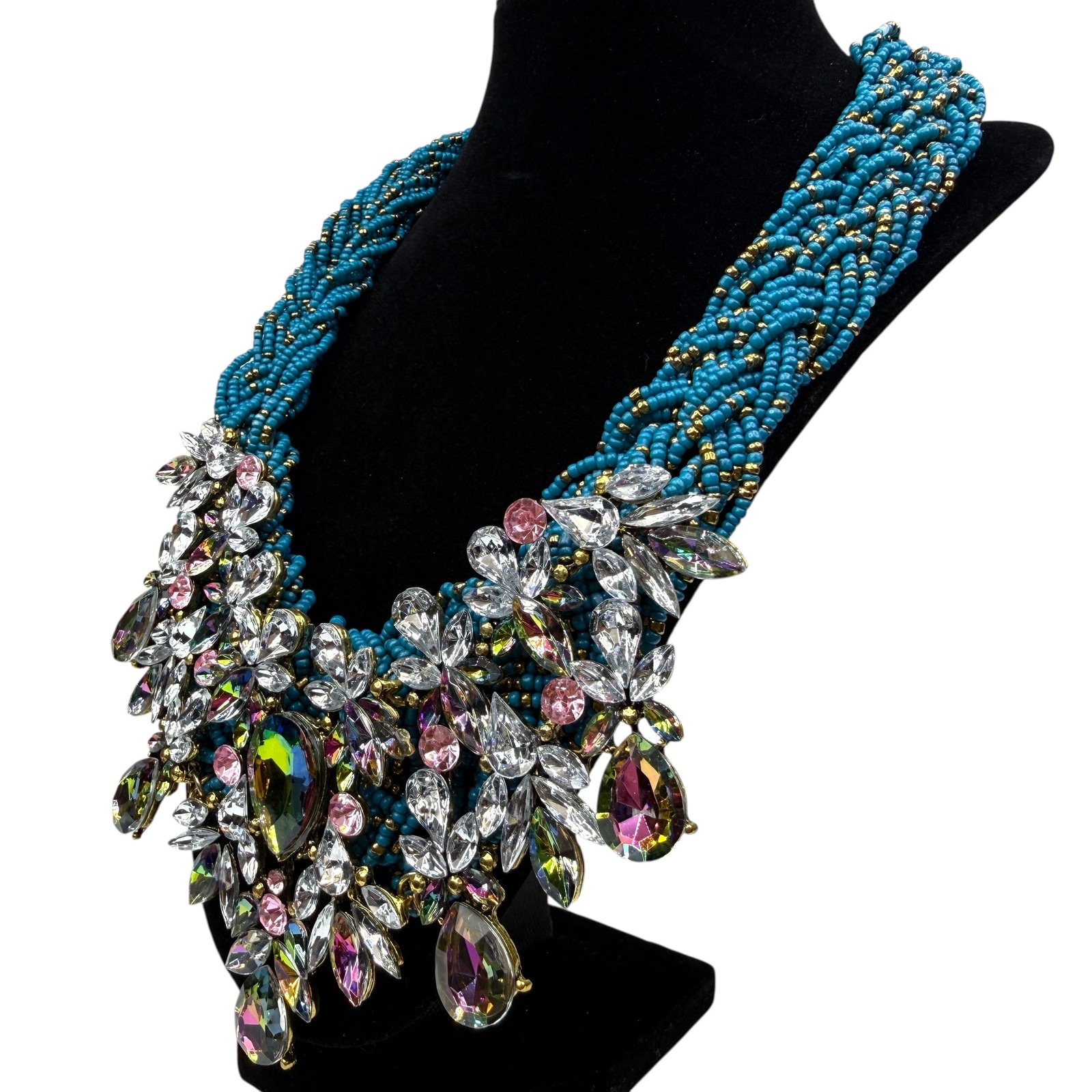 Beaded Multi-Strand Clear Pink Iridescent Acrylic Crystal Statement Bib Necklace