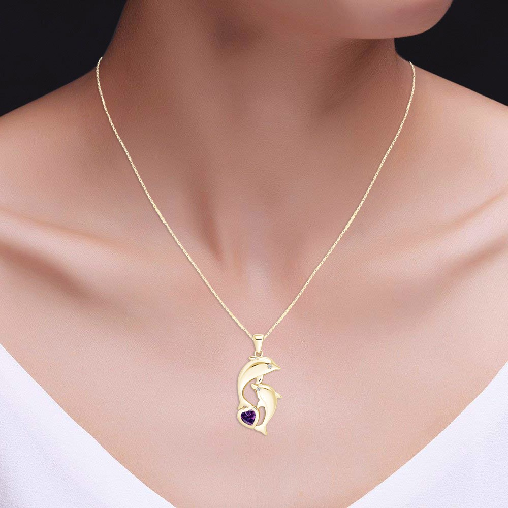 Dolphin Pendant Necklace 18″ Simulated Amethyst 14K Yellow Gold Plated Sterling