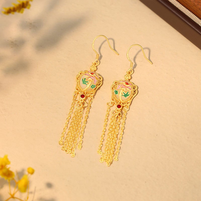 Chinese Style Enamel Tassel Dangle Earrings Vintage Floral Jewelry