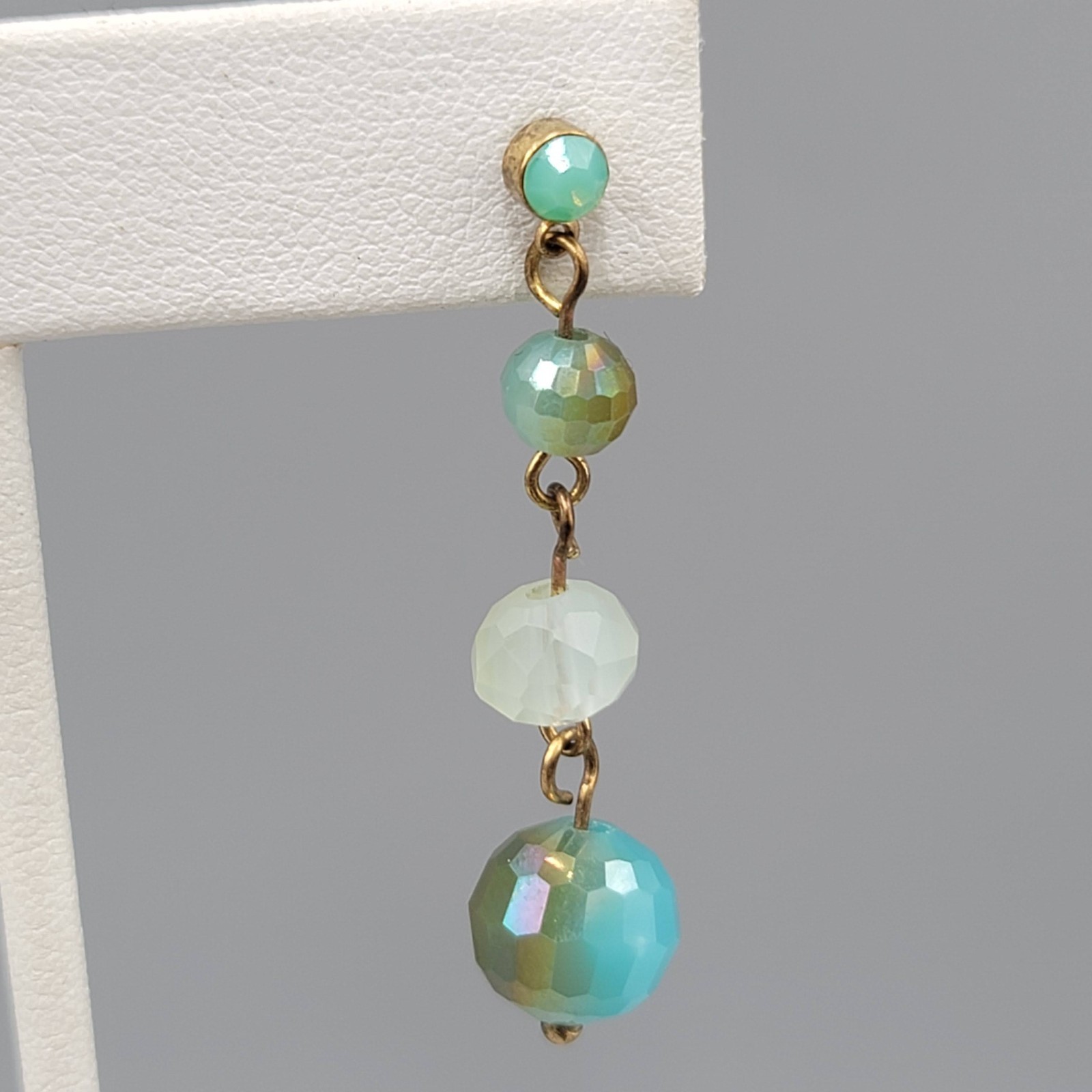 Blue Multicolor Glass Bead Pierced Earrings Gold tone Dangle 1.5 in