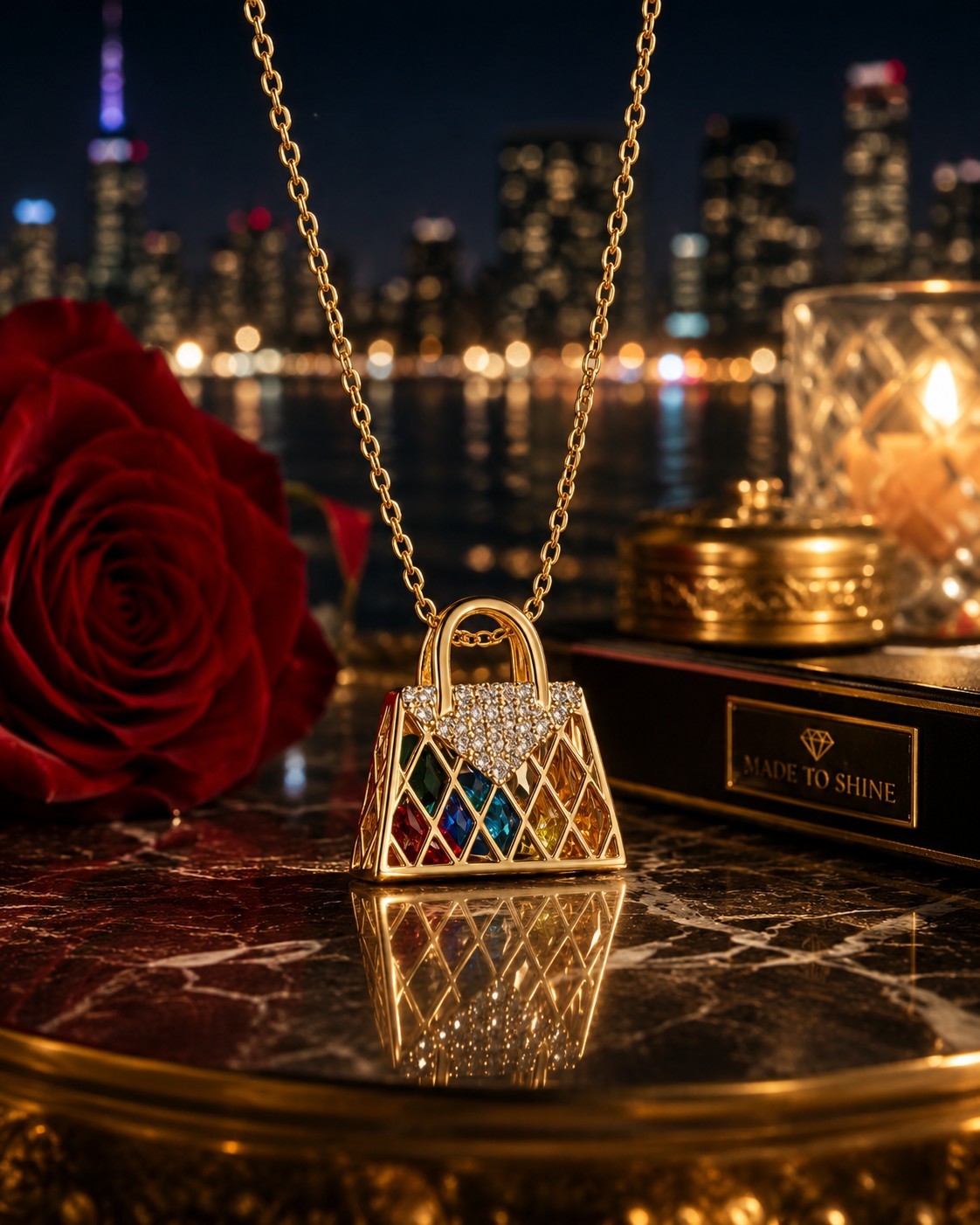 Gold Tone Handbag Purse Pendant Necklace Colorful Crystal Fashion Jewelry 18″