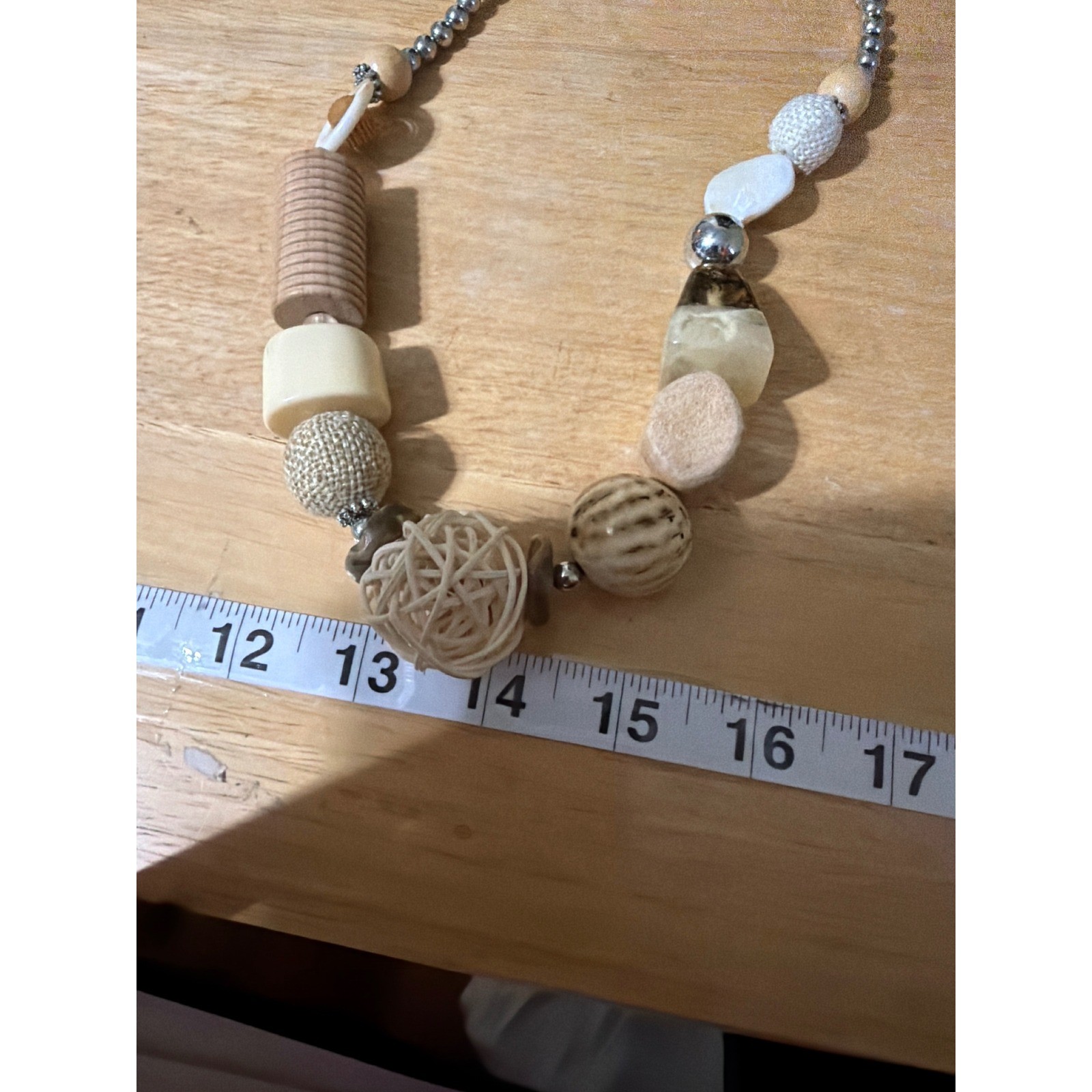 Mixed Media Chunky Statement Necklace Wood Rattan Fabric Shell Neutral Earthy