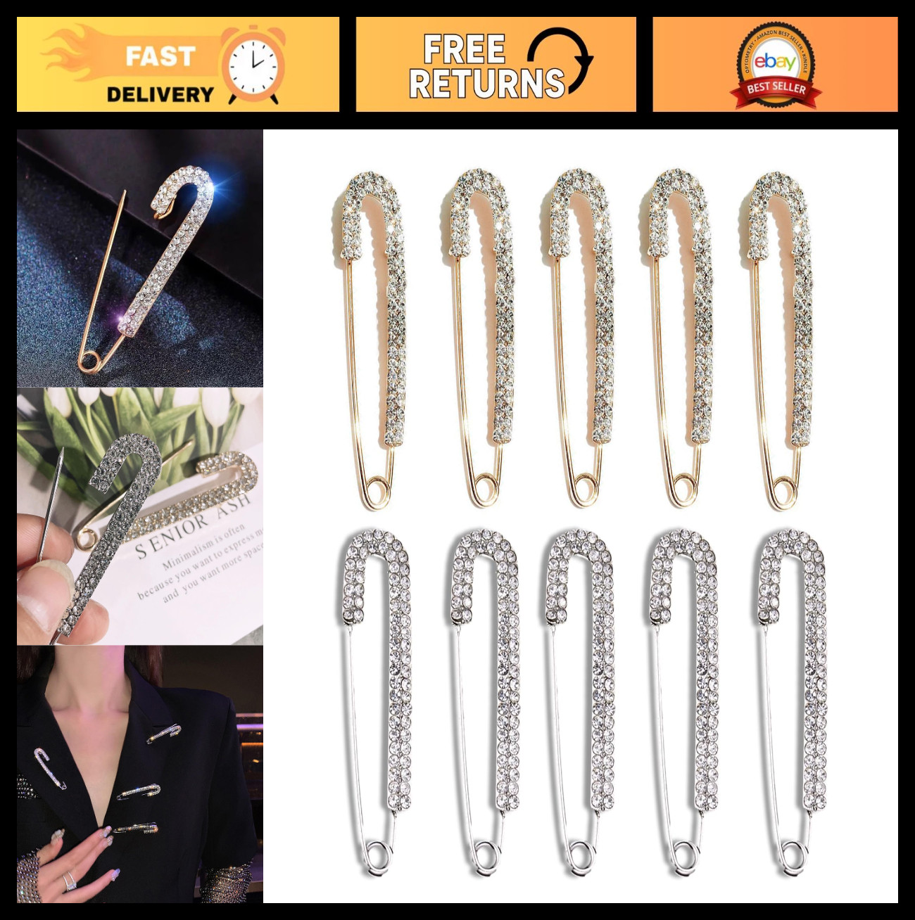 Elegant Pearl & Crystal Brooch Pins – Safety Pin Shawl Clips for Women, Pack of