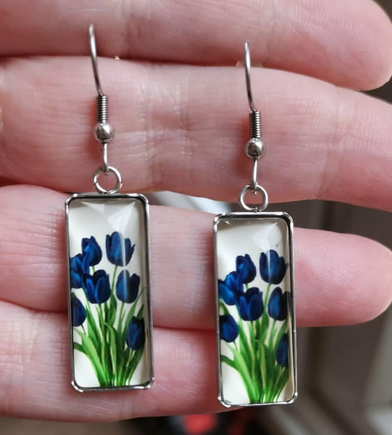 Blue Tulips Dangle Drop Rectangle Earrings Women Lobes Alternative Festival