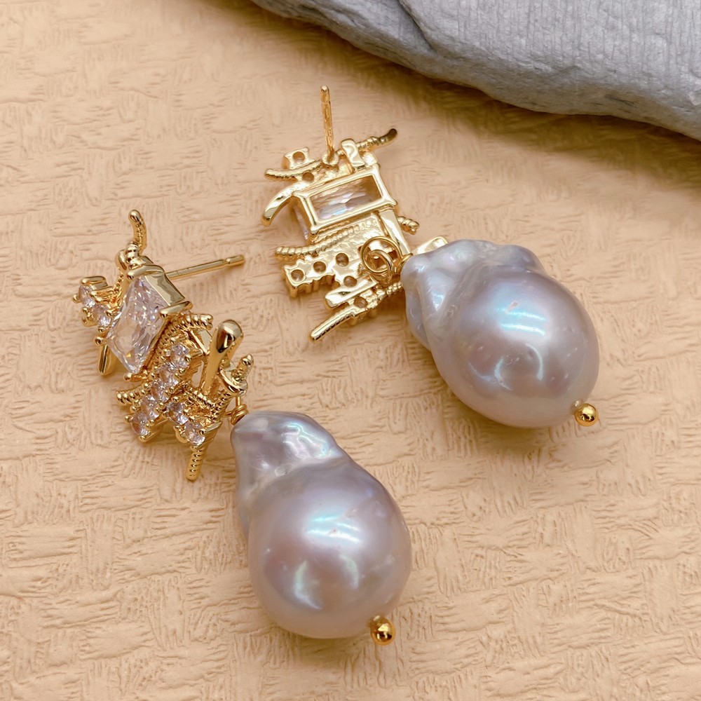Real Gray Nucleated Baroque Pearl Drop Stud Woman Earrings Gifts