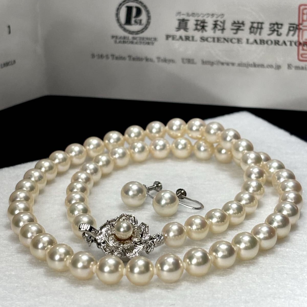 Shinkaken Identification Certificate K14 Akoya Pearl Necklace Earrings White Fro