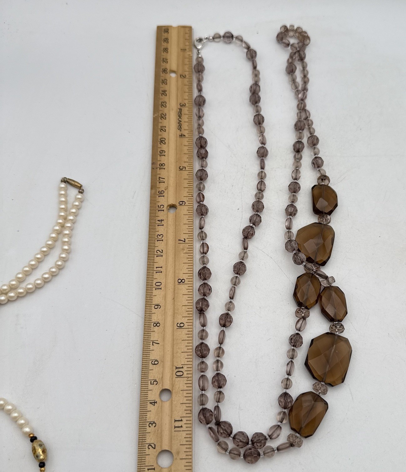 Lot Of 3 Faux Pearl Cloisonné Rice Pearl Smoky Quartz Necklaces Varied Sizes