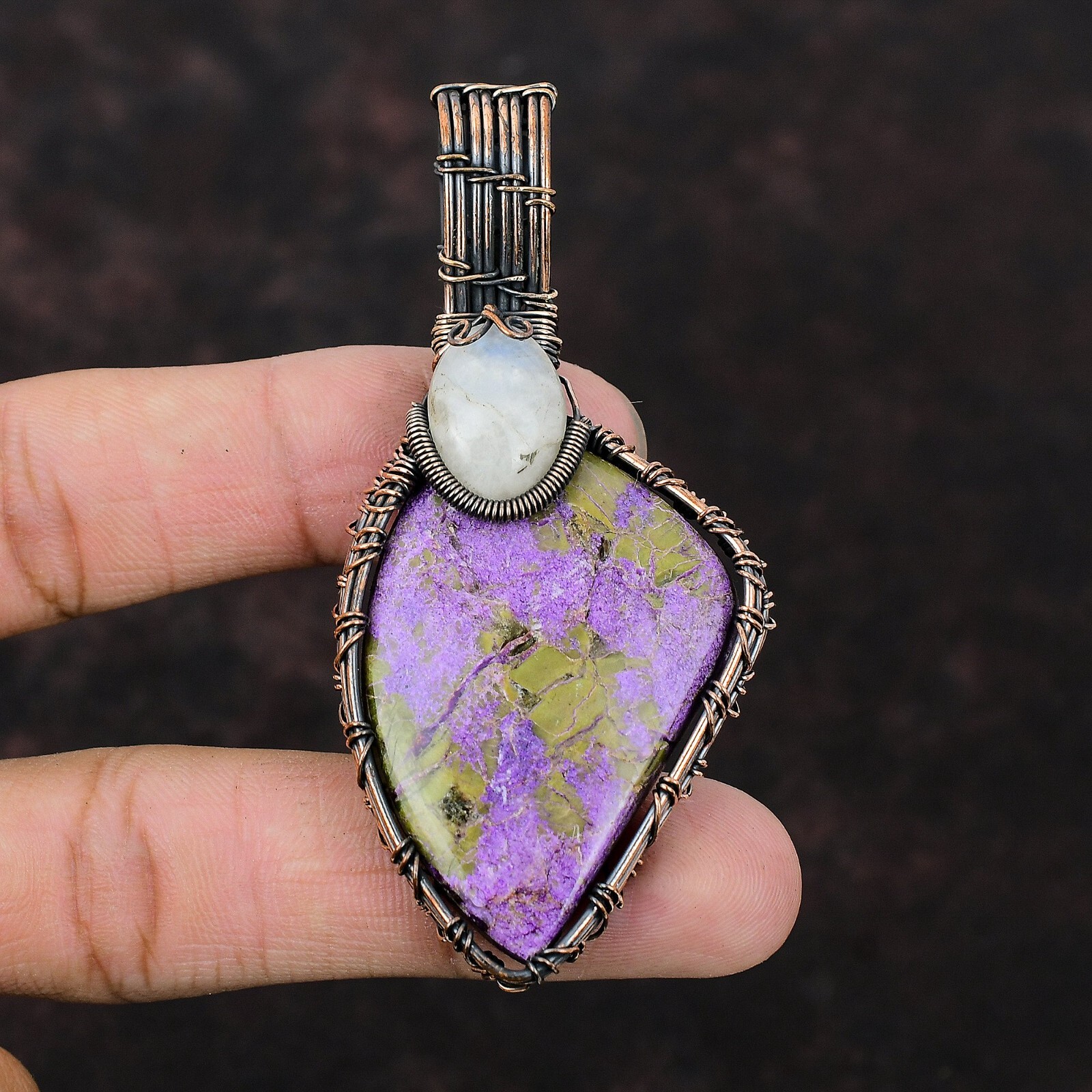 Stichtite Gemstone Wire Wrapped Pendant Copper Handmade Jewelry For Women 3.15″