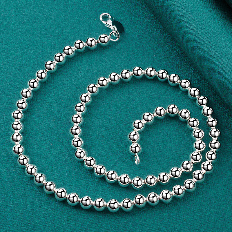 Elegant 925 Silver 6Mm Hollow Ball Bead Necklace Suitable for Both Men and Women