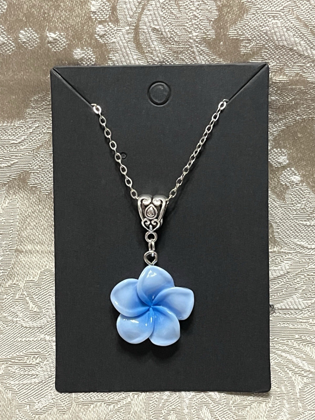 Blue Floral Camellia Flower Resin Pendant Silver 18” Necklace Boho Fashion