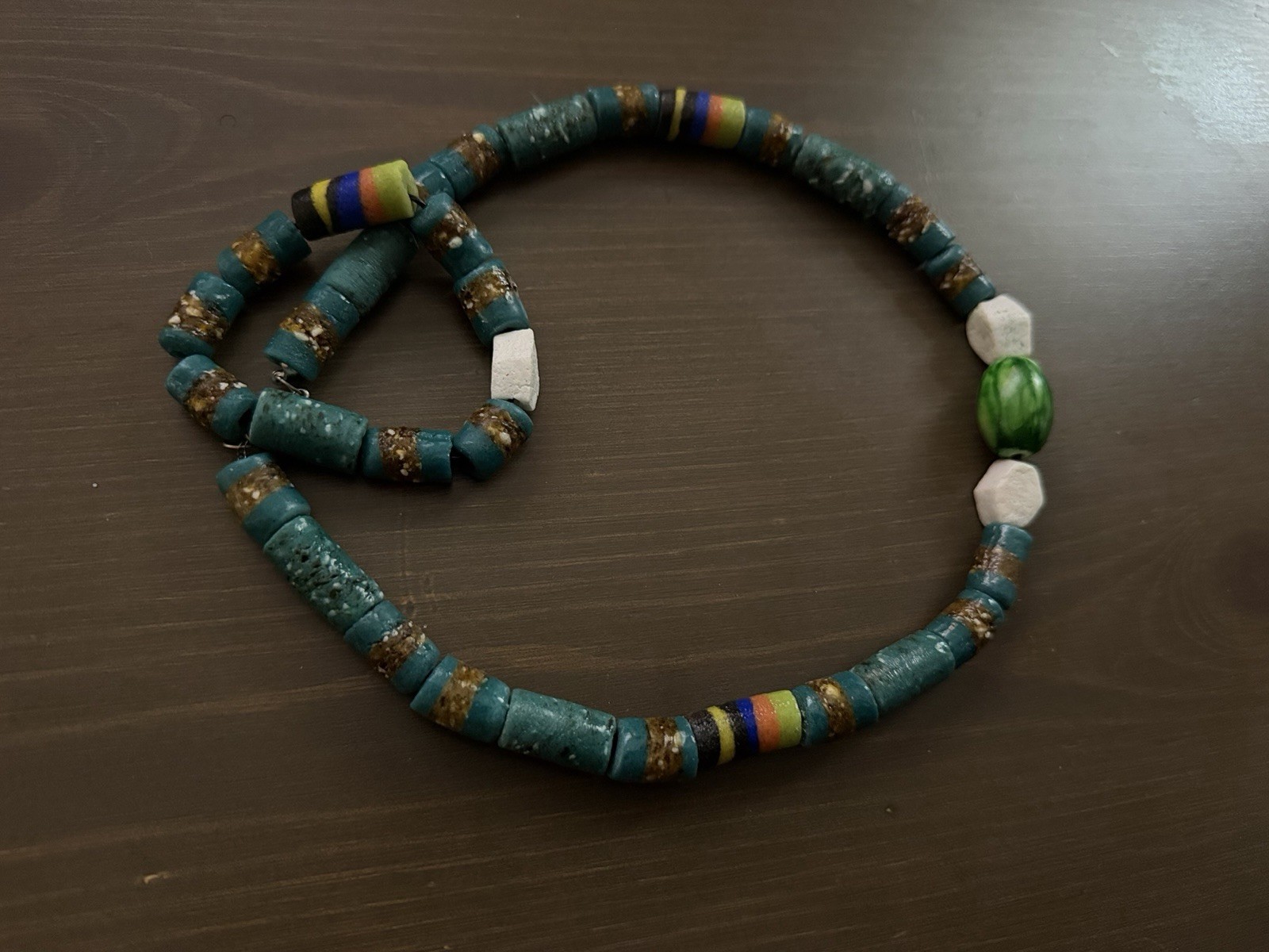 Trade Bead Necklace Set, Green Oval Center Bead, Blue & White Hex Beads