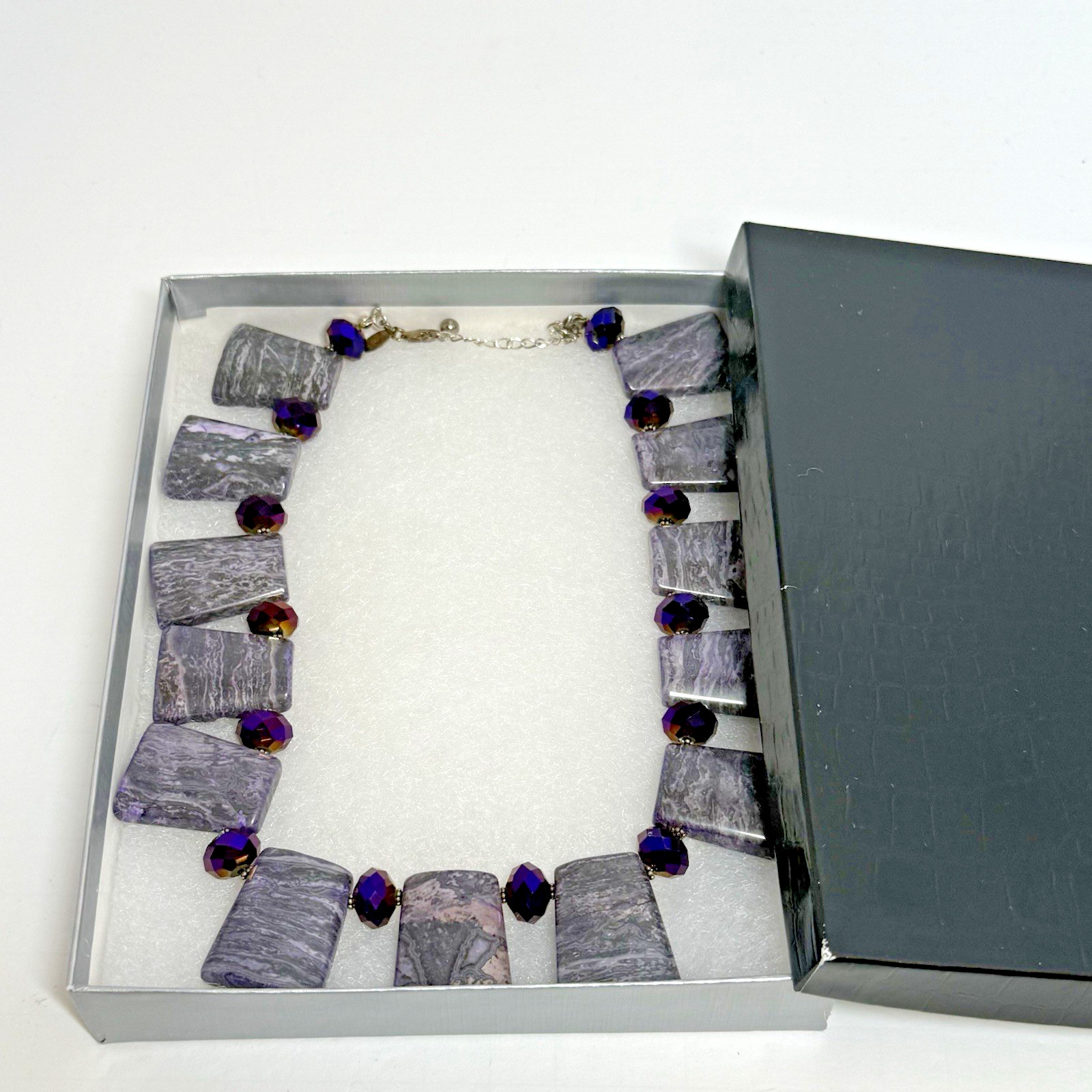 Donna Dressler Purple Agate Stone Crystals 16 -19 Inch Necklace Sterling Silver