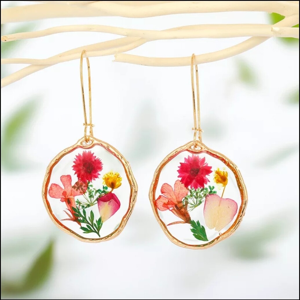 REAL Flower Earrings Dried Pressed resin glossy rose daisy gold Cottagecore cute