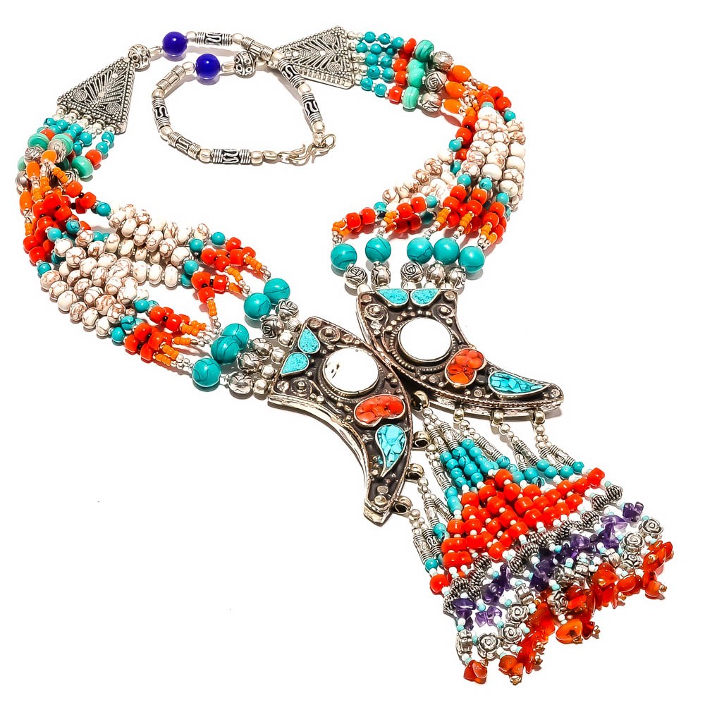 Red Coral & Turquoise 925 Silver Plated Necklace 17.99″ T2