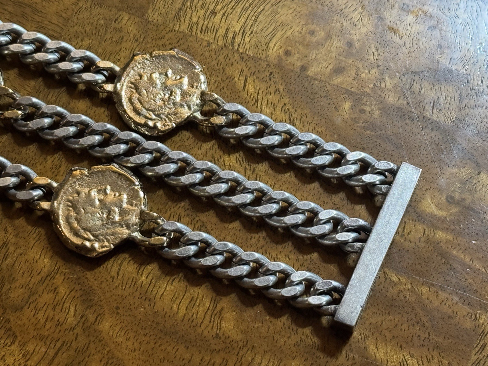Tat2 Designs 3-Strand Heavy Curb Chain Bracelet with Roman Style Coins