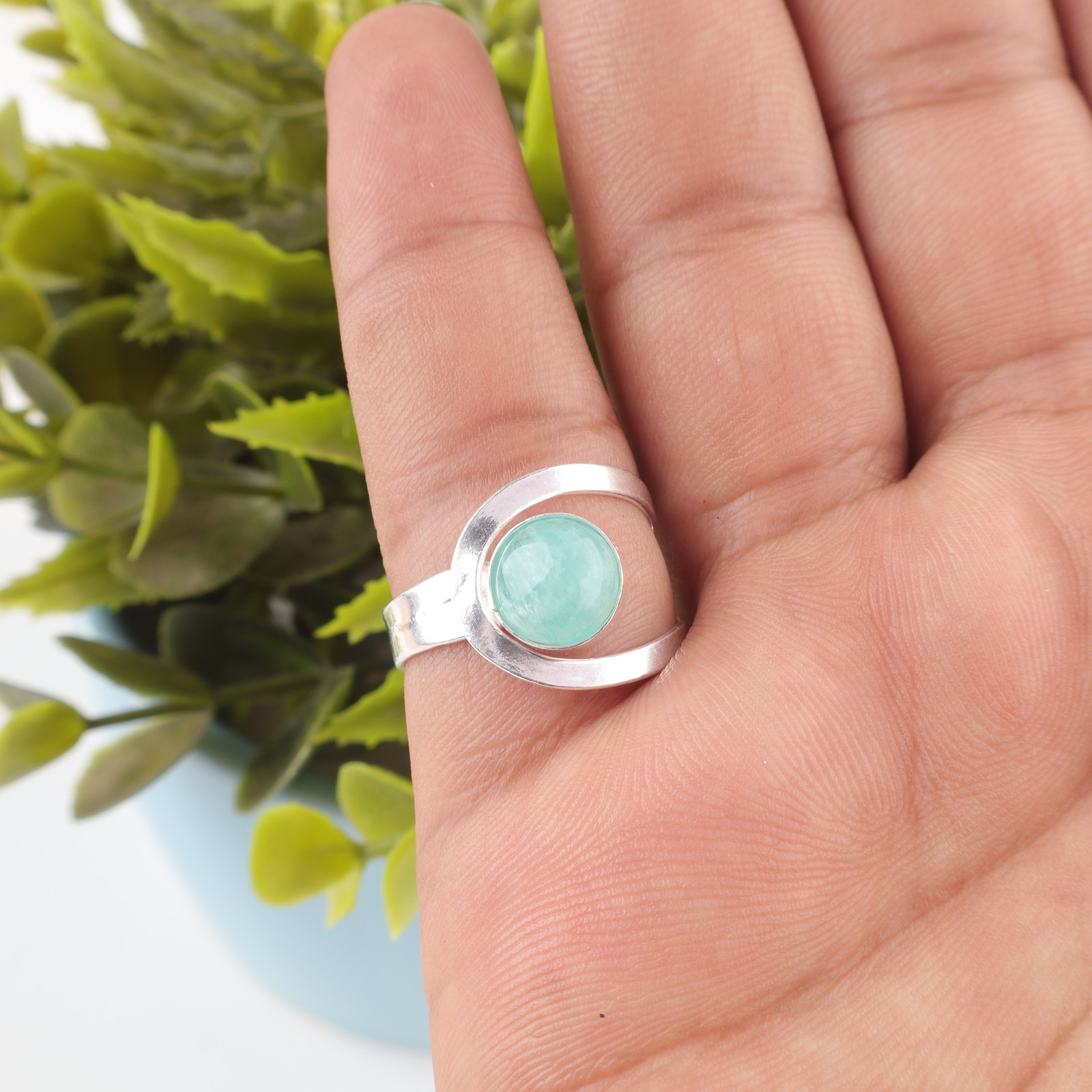 925 Silver Heart Chakra Amazonite Gemstone Band Boho Ring Jewelry Size All Sizes