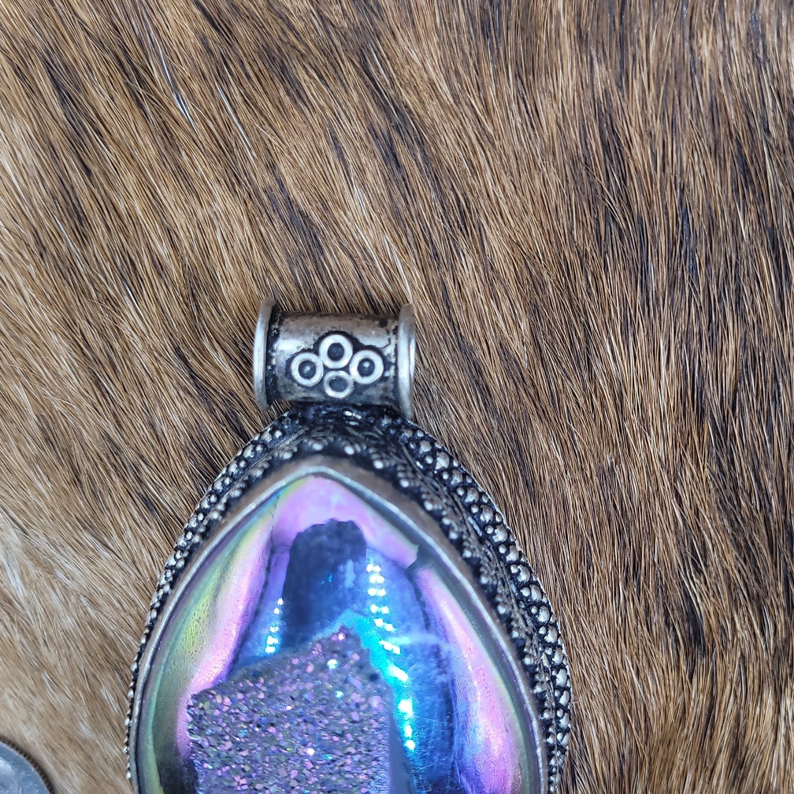 Teardrop Multicolor Druzy Stone Pendant Purple Bezel Set Metal 1 Gemstone