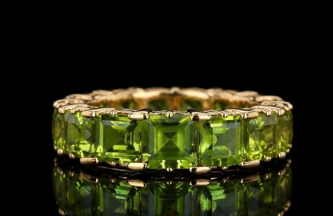 925 Sterling Silver Ring, Square Cut Green Gemstone Wedding Band,