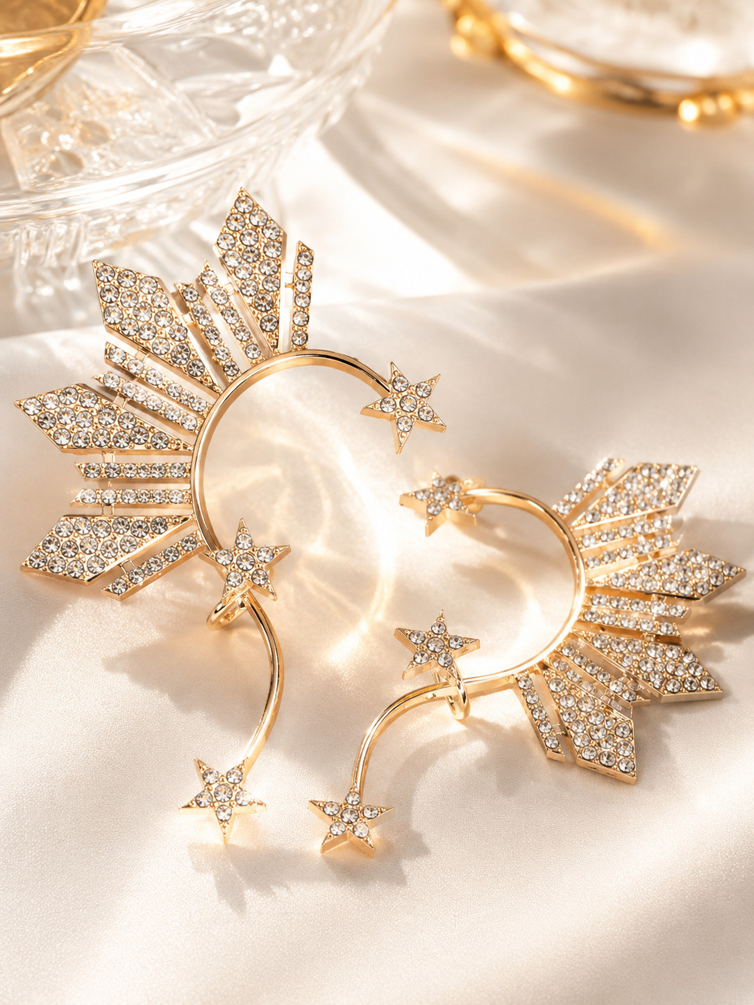 Gold Crystal Ear Cuff Earrings Star Rhinestone Bridal Ear Wrap Wedding Jewelry