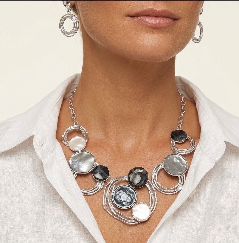 Silver Round Chunky Necklace Set Earrings Silver Black Gray Womens Jewelry