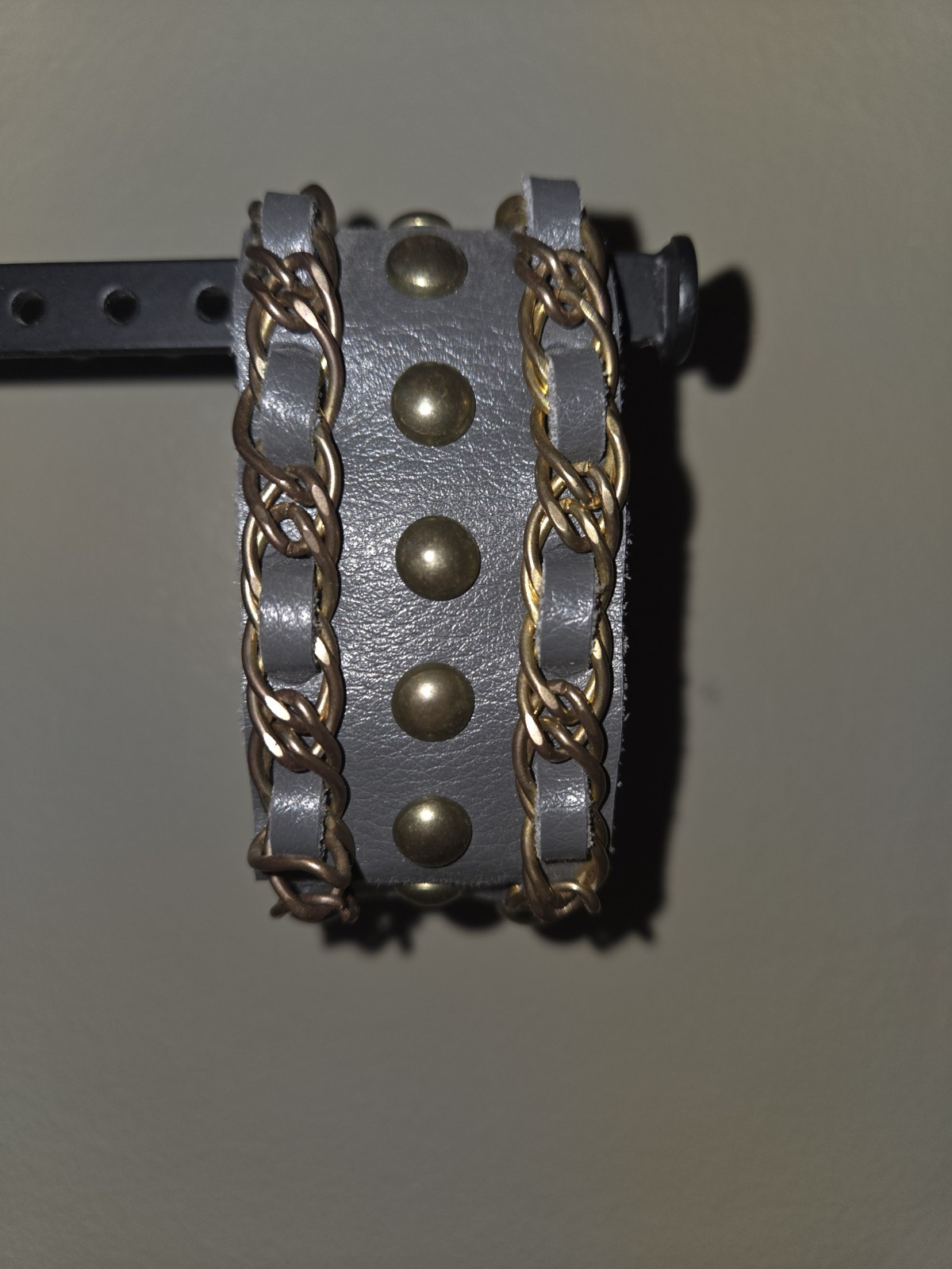 Gray Faux Leather Cuff Bracelet Gold Chain Studded Wide Wrap Snap Closure Boho