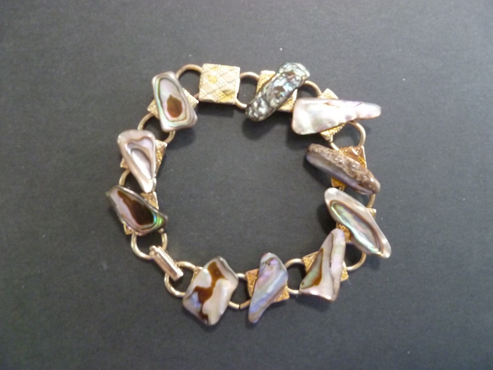 Gold Toned & Faux Mother of Pearl Clasp Bracelet – See Description & Images