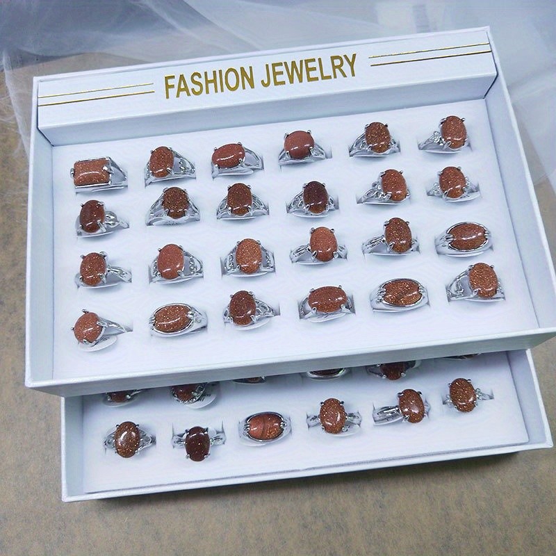 24Pcs Golden Sand Stone Rings Bulk Oval Rings Unisex Jewelry With Gift Box