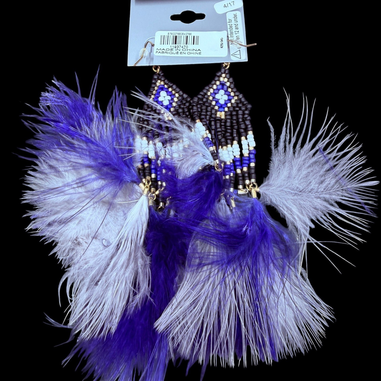 NWT Express Beaded Feather Earrings Blue Black Boho Festival Statement Drop
