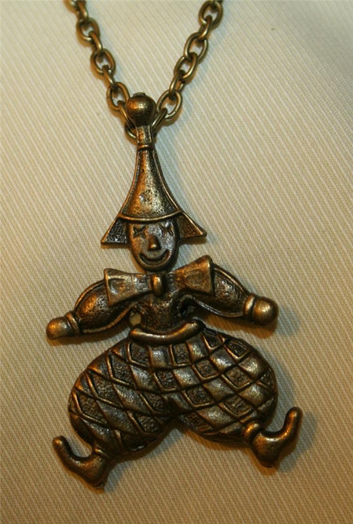 Delightul Etch Textured Moveable Head Clown Dangle Brasstone Necklace