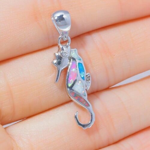 New Silver Multi-Color Simulated Fire Opal Sea Horse Seahorse Pendant Necklace