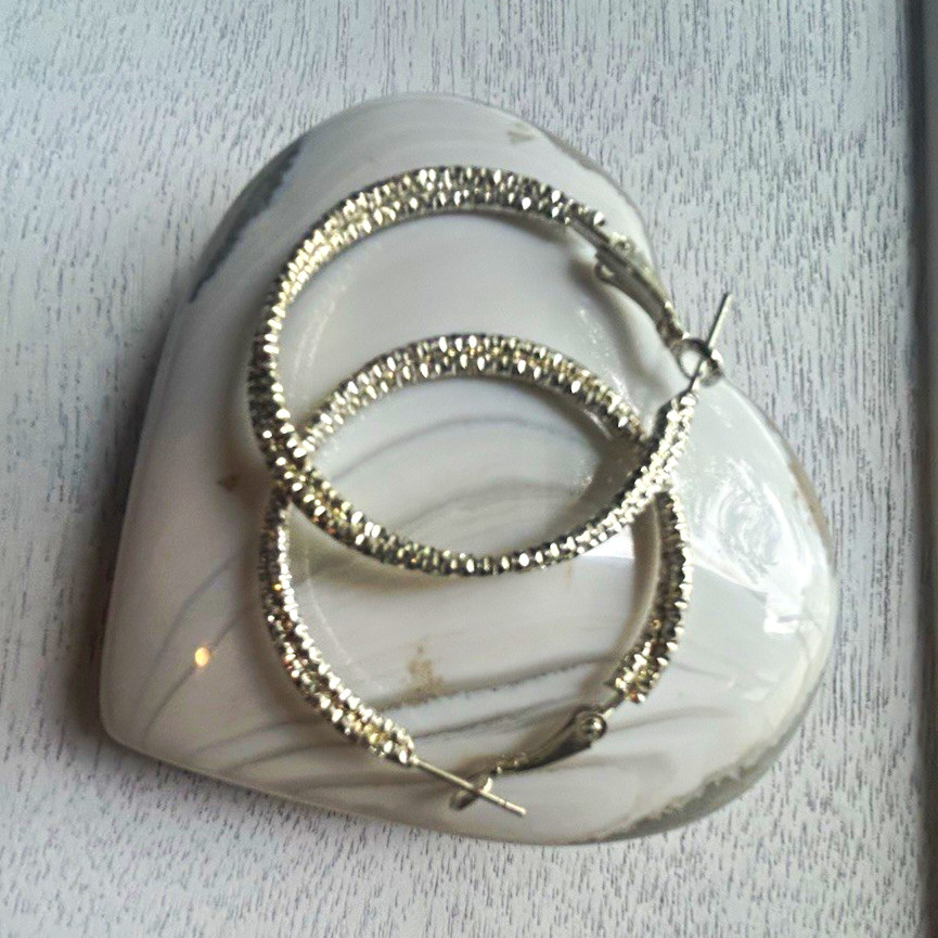 Silver Tone Rhinestone Round Hoop Earrings, Metal, Hook Closure