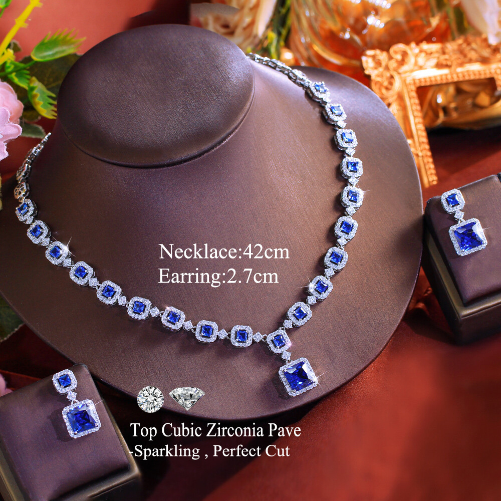 Blue Square Drop Earrings Necklace Silver Plated Cubic Zircon Bridal Jewelry Set