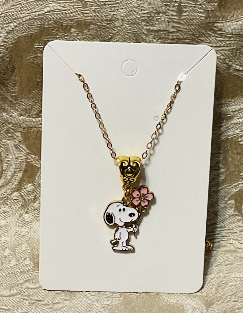Snoopy Flower Gold Enamel Charm Pendant Fashion Fun Boho Gold Necklace 18”